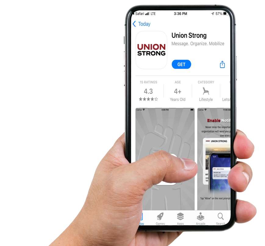 Union Strong Mobile App Screenshot on Phone with hand